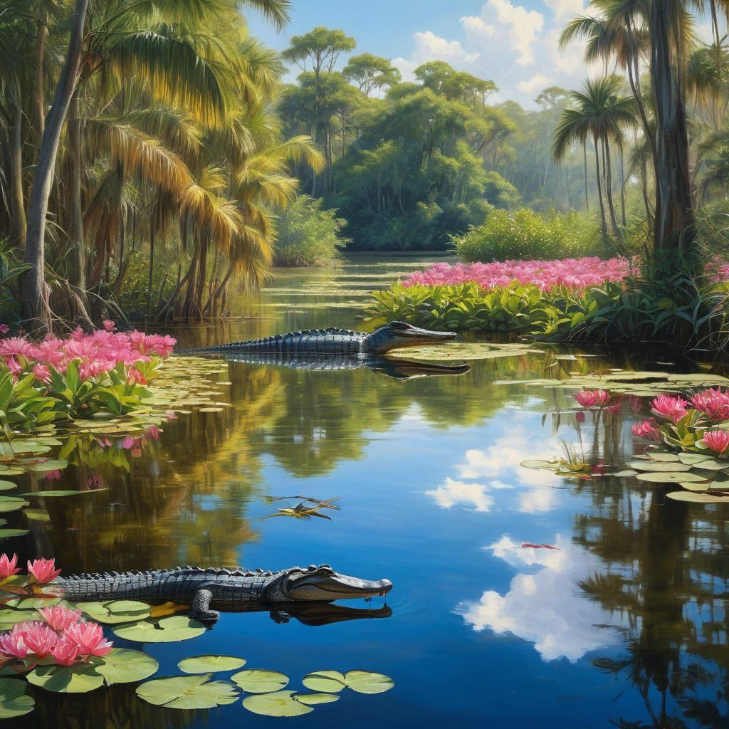 A vivid representation of a Florida wetland infused with life, showcasing an alligator lounging in the sun among lush mangroves, vibrant water lilies, and various bird species. The background features a bright blue sky and the reflection of the wetlands in the water. Include the interplay of light and shadow to create depth and intrigue. super-realistic. vibrant colors. natural setting.