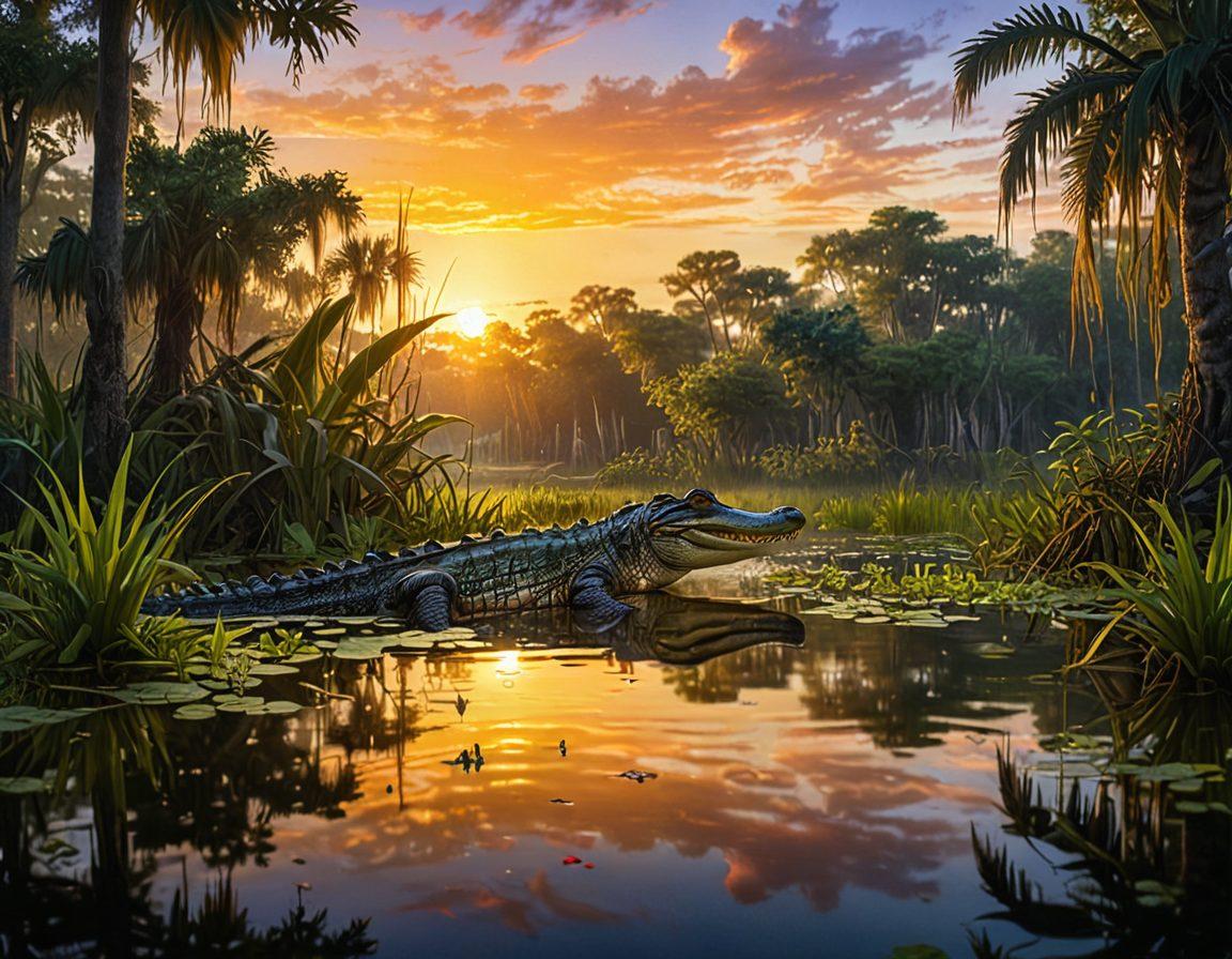 A lush Florida swamp landscape filled with vibrant green foliage, featuring a sunbasking alligator partially submerged in water. In the background, a stunning sunset casts a warm glow over the scene, with birds flying overhead and insects buzzing around. The ecosystem is alive, showcasing the rich biodiversity of the region. Focus on the textures, colors of the water, and the alligator's scales. super-realistic. vibrant colors. sunset lighting.
