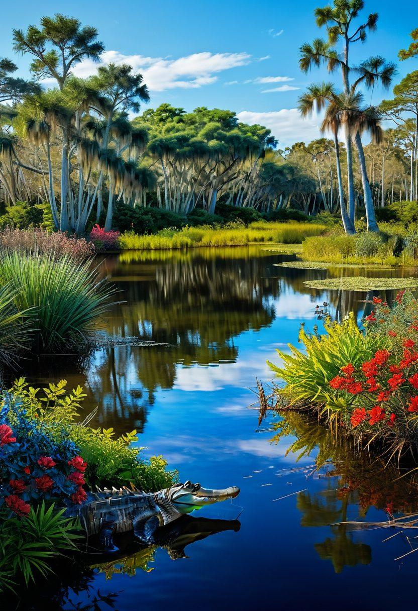 A vibrant scene depicting a lush Florida wetland, showcasing giant alligators basking in the sun near a tranquil pond. Surrounding them, exotic plants and colorful flowers add to the beauty of the landscape, while a blue heron gracefully stands in the foreground. Capture the essence of adventure with a clear blue sky and distant cypress trees. super-realistic. vibrant colors. 3D.